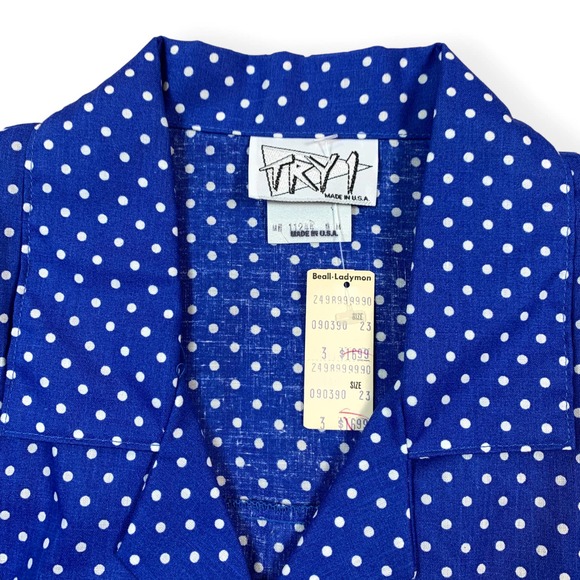 NWT Vintage Try 1 Cropped Blue White Polka-Dot Button Down Blouse Top- Medium - Picture 5 of 9